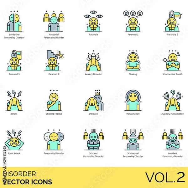 Obraz Disorder icons including borderline personality, antisocial, paranoia, paranoid, anxiety, shaking, shortness of breath, stress, choking feeling, delusion, auditory hallucination, panic attack.