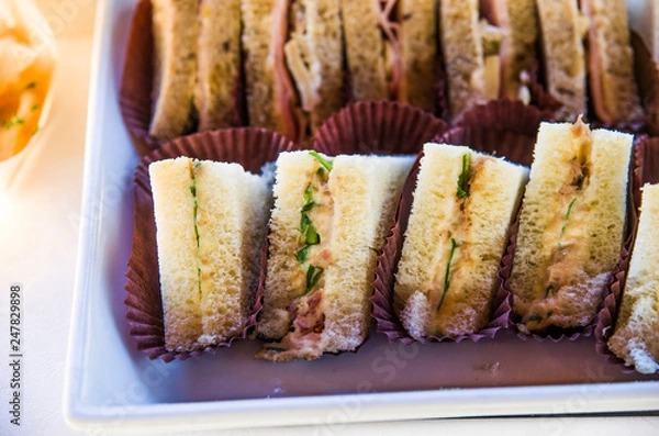 Obraz dark bread sandwiches with cream cheese and ham