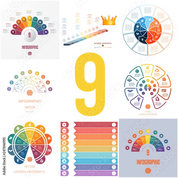 Fototapeta Set 8 universal templates elements for Infographics conceptual cyclic processes for 9 positions