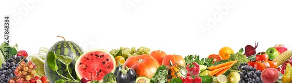 Obraz Banner from various vegetables and fruits isolated on white background, collage. Concept of healthy eating, food background. Border of vegetables with space for text.