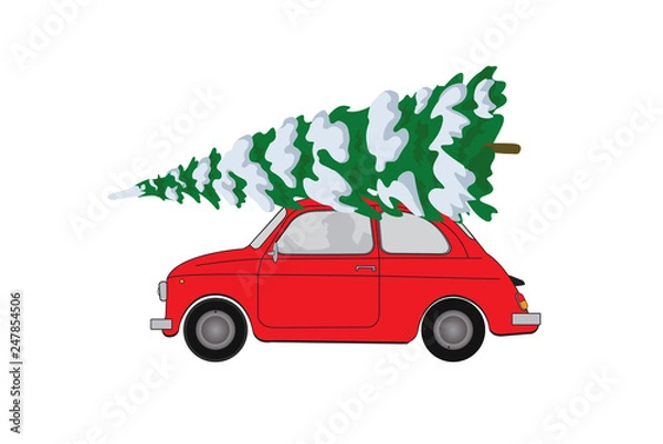 Obraz SMALL RED VEHICLE WITH CHRISTMAS TREE ILLUSTRATION VECTOR