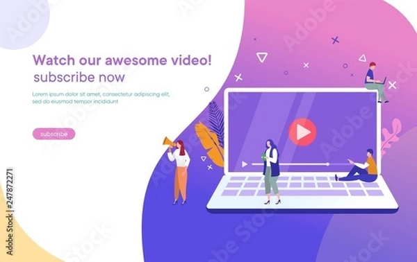 Fototapeta people streaming online video with their laptop, smartphone vector illustration concept, online tutorial video streaming can use for, landing page, template, ui, web, mobile app, poster, banner, flyer
