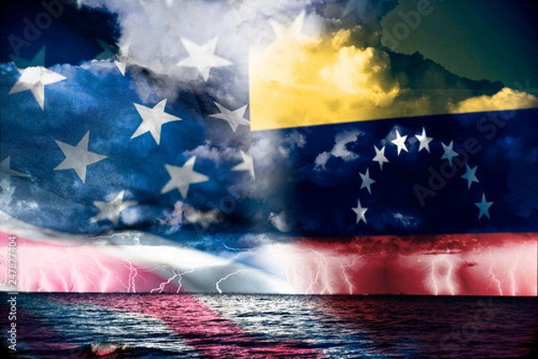 Obraz Conflict between USA and Venezuela, conceptuall image witth a sea thunderstorm and the flag of venezuela and usa, ongoing conflic betwenne the two country