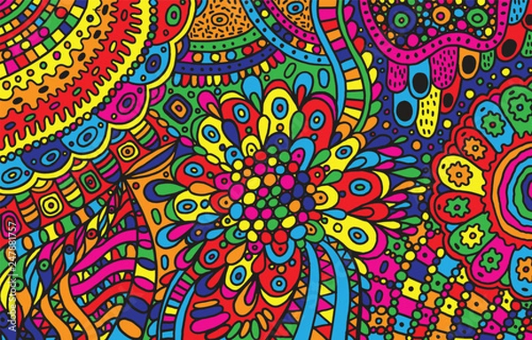 Obraz Psychedelic cartoon hand drawn background. Colorful fantastic doodle ornament. Vector illustration