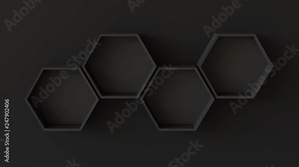 Obraz Empty black hexagons shelves on blank wall background. 3D rendering.