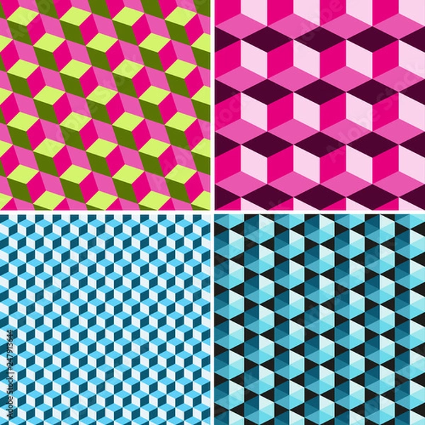 Fototapeta Set seamless patterns from volumetric multi-colored cubes.
