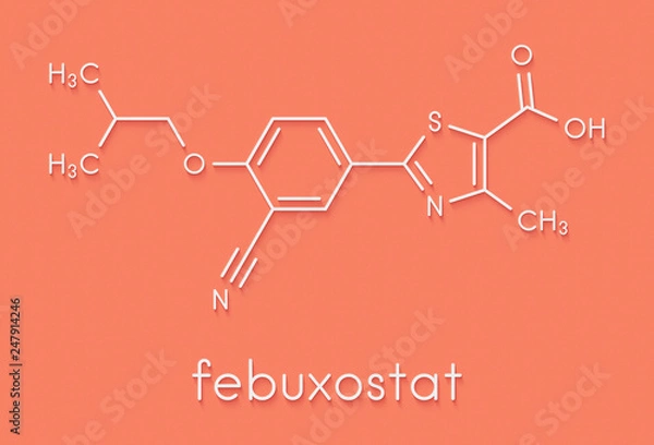 Fototapeta Febuxostat gout drug molecule (xanthine oxidase inhibitor). Skeletal formula.