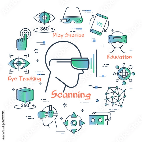 Fototapeta Vector virtual reality concept - VR glasses scanning