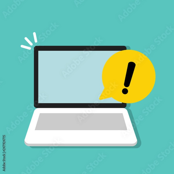 Obraz Yellow hazard warning attention sign with exclamation mark symbol in a speech bubble on laptop, computer icon