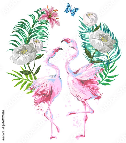 Fototapeta Beautiful pink flamingo composition with tropic leaves, flowers and butterfly isolated on white background.Valentine day design