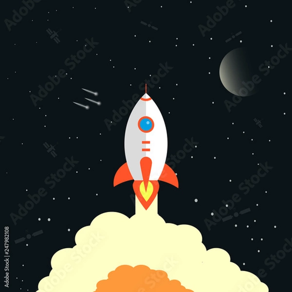 Fototapeta Rocket launch, night sky with moon and stars.flat design