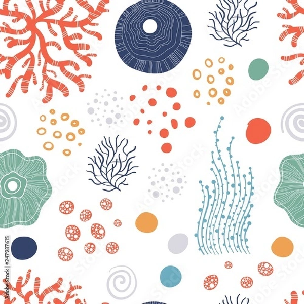 Fototapeta Hand drawn seamless vector pattern. Trendy pattern with corals and algae on a white background for printing, fabric, textile, manufacturing, wallpapers. Sea bottom.