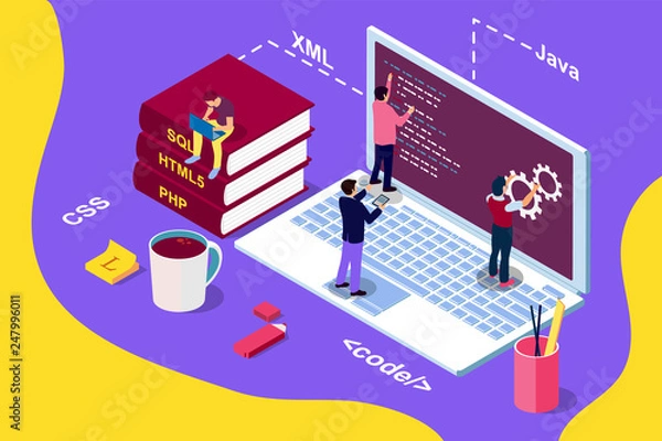 Obraz Web Development concept, programming and coding. Laptop with people. Isometric illustration for web page, banner, social media, documents, cards, posters.