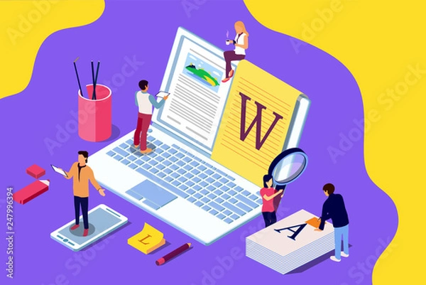 Obraz Isometric concept creative writing or blogging, education and content management for web page, banner, social media, documents, cards, posters. Illustration for news, copywriting, seminars,