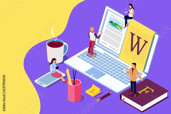 Obraz Isometric concept creative writing or blogging, education and content management for web page, banner, social media, documents, cards, posters. Illustration for news, copywriting, seminars