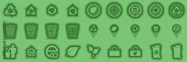 Fototapeta eco, bag, pointer, earth, leaf, house, trash can.set sign. Size 1024x1024. Modern origami style. Raster illustration