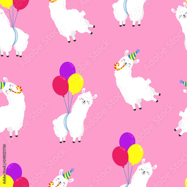 Fototapeta Funny cartoon pattern with cute llamas. Vector Doodle Illustration. Seamless wallpaper, background. Template for design, print, cards, textiles, wrappers