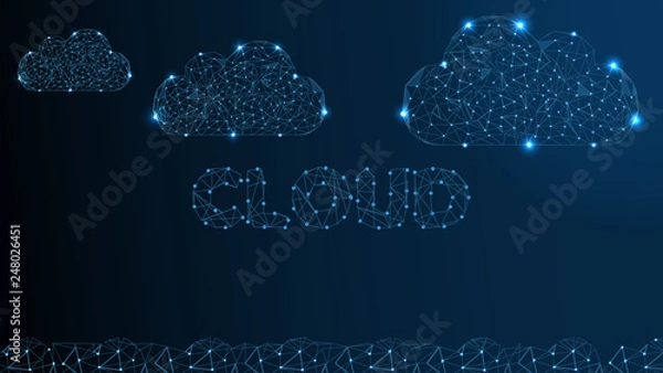 Obraz Cloud Technology. Cloud Computing, Big Data or Cloud Computing Concept. Abstract Digital Background. Wireframe Cloud Storage Sign on Dark Blue Background. Vector Illustration or Background.