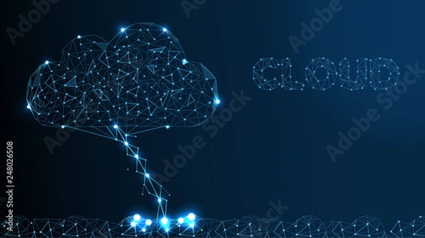 Obraz Cloud Technology. Cloud Computing, Big Data or Cloud Computing Concept. Abstract Digital Background. Wireframe Cloud Storage Sign on Dark Blue Background. Vector Illustration or Background.