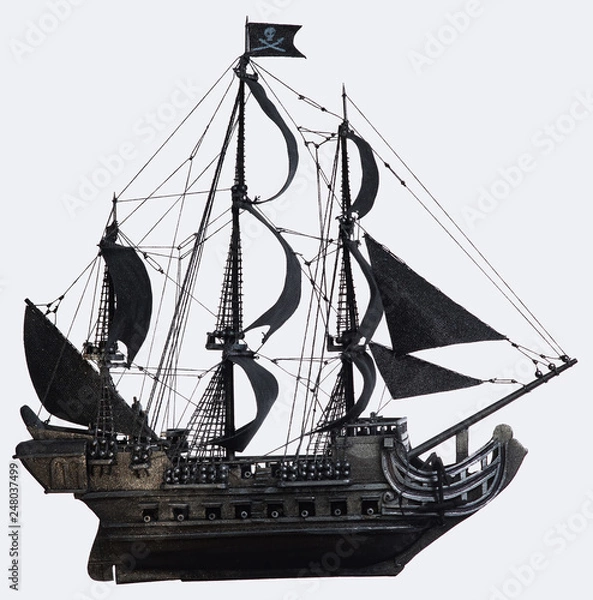 Obraz Black pirate ship of the eighteenth century with guns on white background