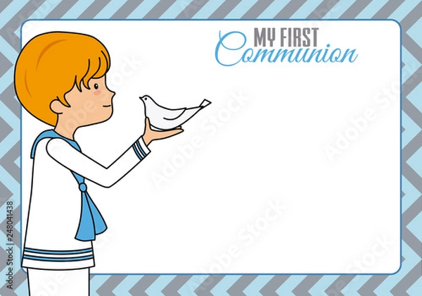 Obraz My first communion. Boy with dove. Space for text