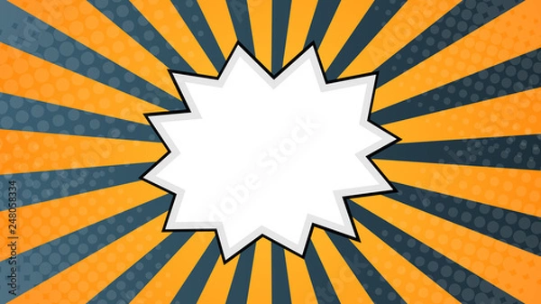 Fototapeta Background in flat comics style design with halftone, lightning and text bubble. Vector illustration - Vettoriale