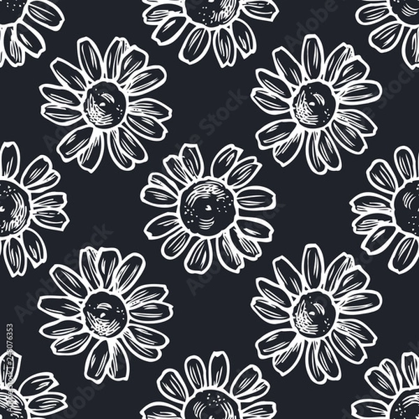 Fototapeta Seamless pattern with hand drawn chalk chamomile