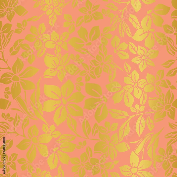 Fototapeta Vector Illustration of stylized, abstract, golden botanical garden with floating scattered allover flowers. Elegant seamless repeat pattern perfect for fabric, wallpaper, background, fashion design,
