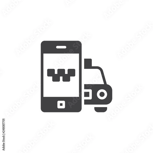 Fototapeta Mobile phone with taxi car vector icon. filled flat sign for mobile concept and web design. Taxi cab ordering app simple solid icon. Symbol, logo illustration. Pixel perfect vector graphics