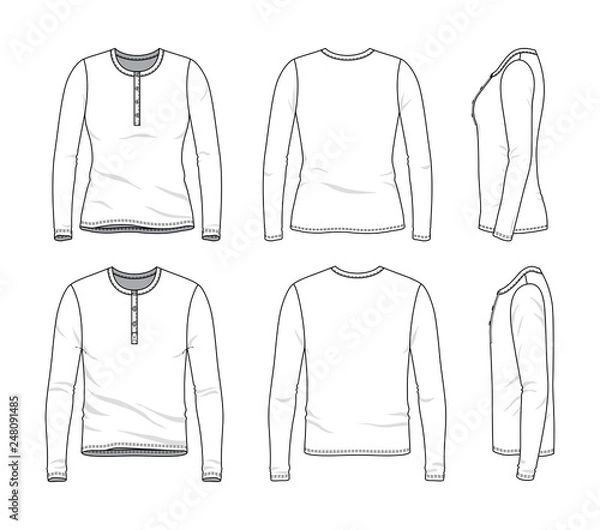 Obraz Blank clothing templates of male and female long sleeved button tee in front, side, back views. Vector illustration isolated on white background.