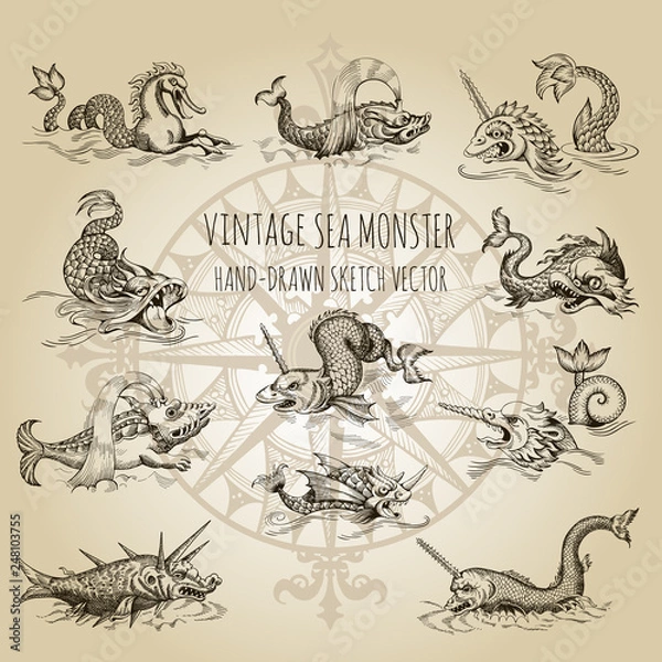 Obraz Mythological vintage sea monster. Fragment of old pirate map. Hand drawn vector sketch.