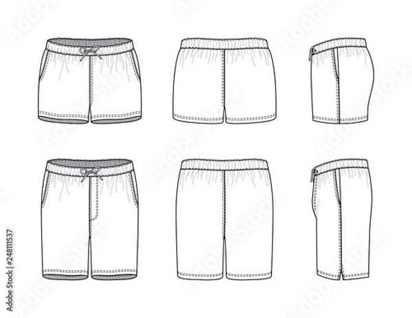 Obraz Blank clothing templates of female and male swimming shorts in front, side, back views. Vector illustration isolated on white background.