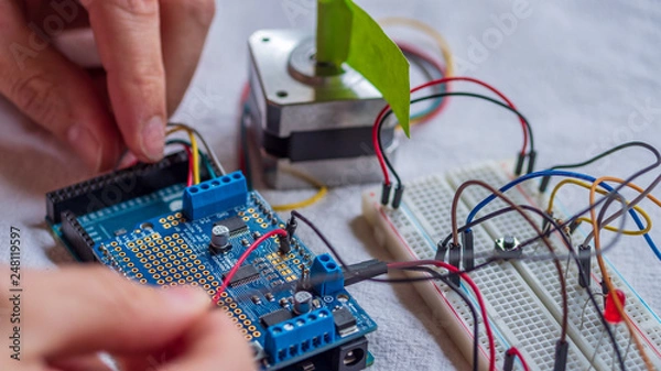 Obraz Microcontroller build closeup showing components, board and shield