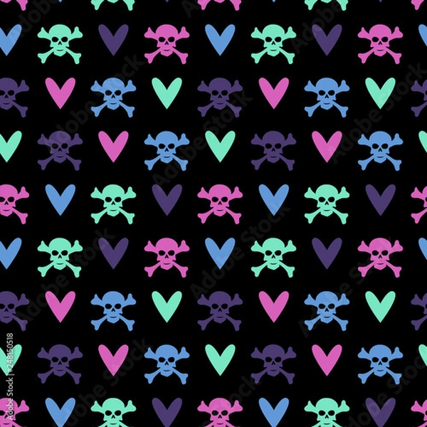 Obraz Seamless pattern with colored skulls crossbones and hearts on black background.