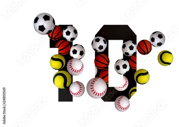 Fototapeta 10 number ten, graphic black digit and creative typography with colourful balls on white background, basketball, football, baseball, tennis.