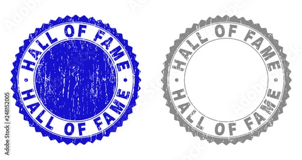 Fototapeta Grunge HALL OF FAME stamp seals isolated on a white background. Rosette seals with grunge texture in blue and grey colors. Vector rubber overlay of HALL OF FAME label inside round rosette.