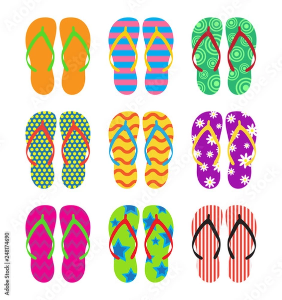 Fototapeta Collection of colorful flip flops set on white background - Vector illustration
