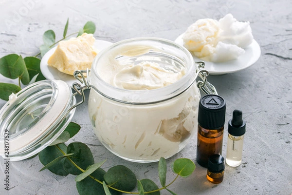 Obraz diy body butter with ingrdients on concrete background
