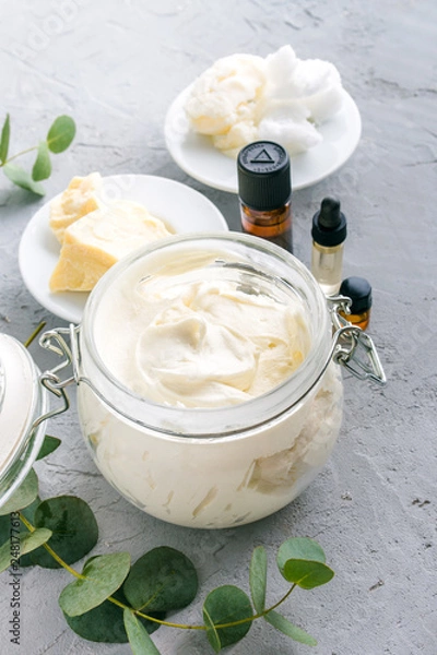 Obraz diy body butter with ingrdients on concrete background