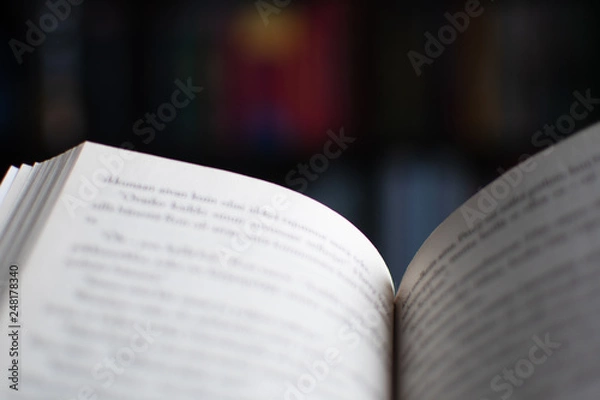 Fototapeta Open book with blurry bookcase in the background. Selective focus. Concept for reading.