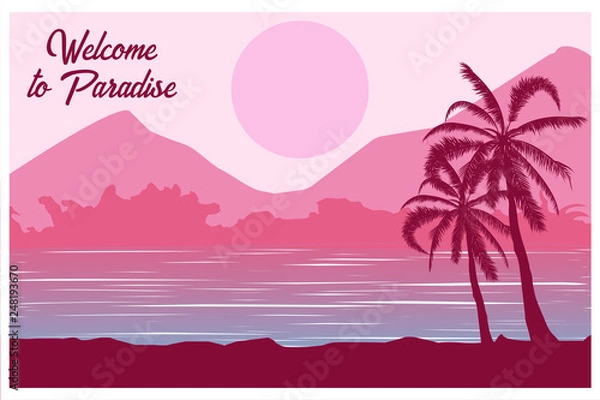 Fototapeta Tropical landscape. Postcard. Welcome to paradise. Summer background. Palm trees silhouette. Vector illustration