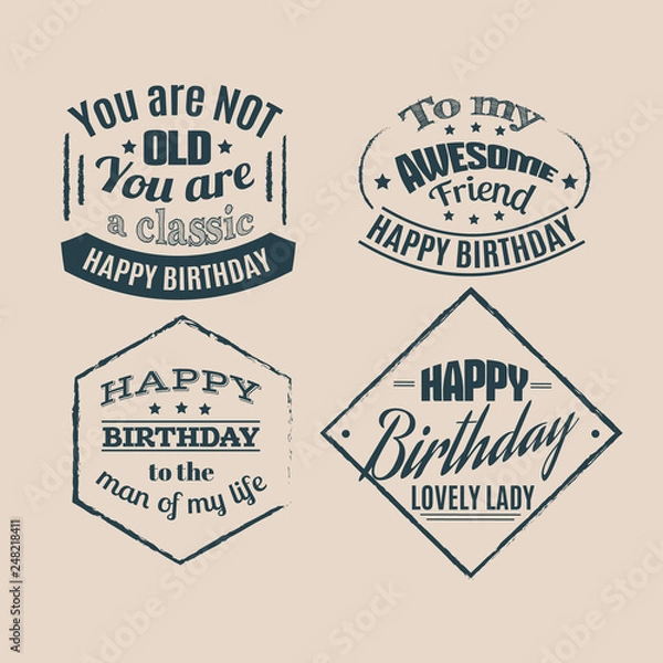 Fototapeta Collection of minimalistic birthday quote typographical background . Vector set  with hand drawn elements and illustration of pie and cake. Template for poster card and banner.