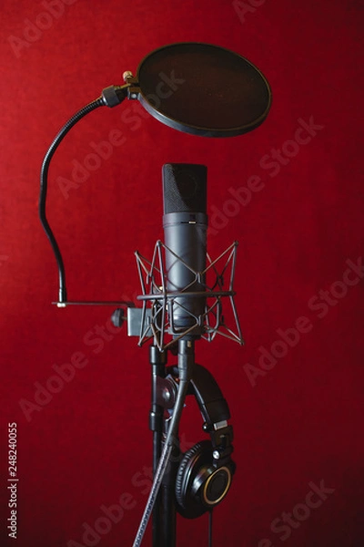 Obraz Microphone for recording music in the studio. Red background.