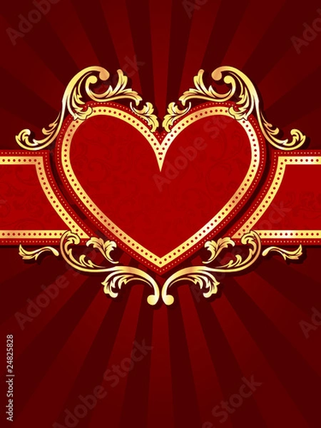 Fototapeta Vertical heart-shaped red banner with gold filigree