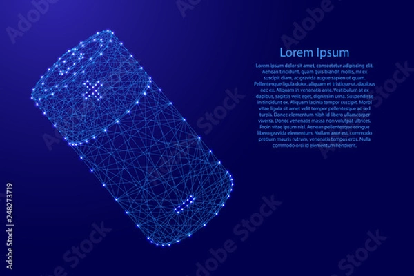 Fototapeta Battery power supply element from futuristic polygonal blue lines and glowing stars for banner, poster, greeting card. Vector illustration.