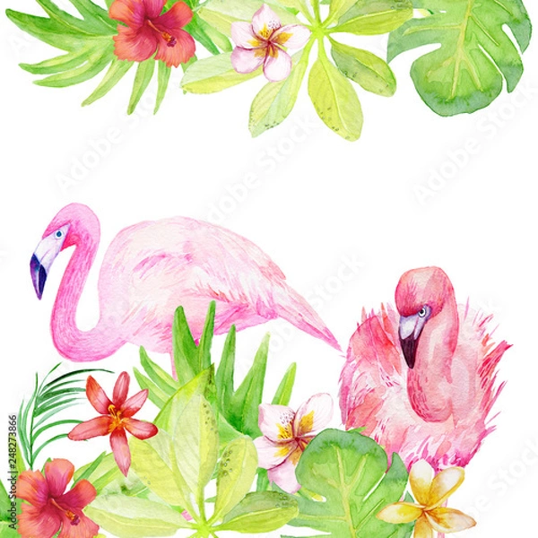 Fototapeta Botanical illustration with flamingo isolated on white background. watercolor exotic set .