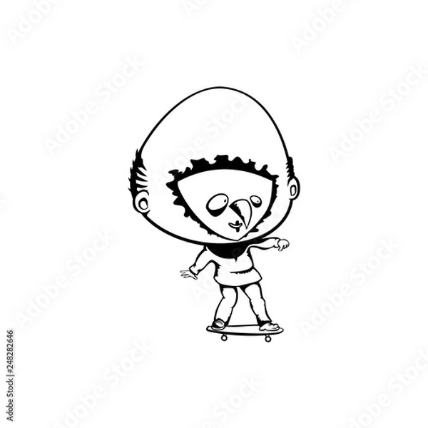 Fototapeta bighead trying skating. hand drawn vector monochrome outline cartoon character illustration with white background