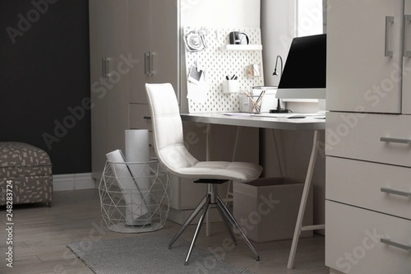 Fototapeta Light work place with computer at home. Interior design
