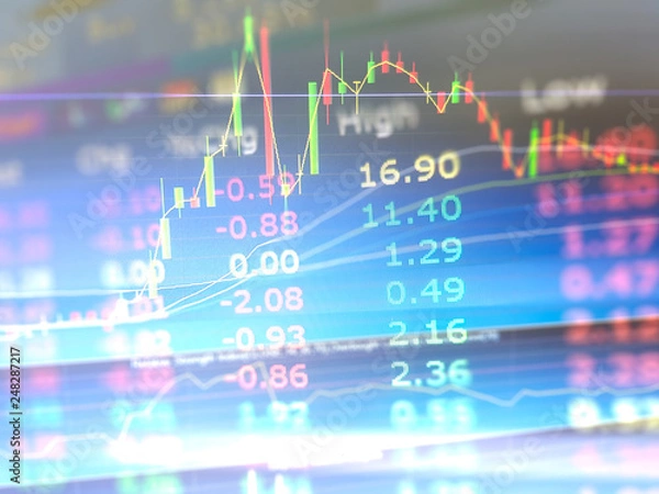 Fototapeta Investment in bitcoin,Financial,Gold future,Option,Derivative, stock, forex market trading graph and candlestick chart pattern double exposure concept