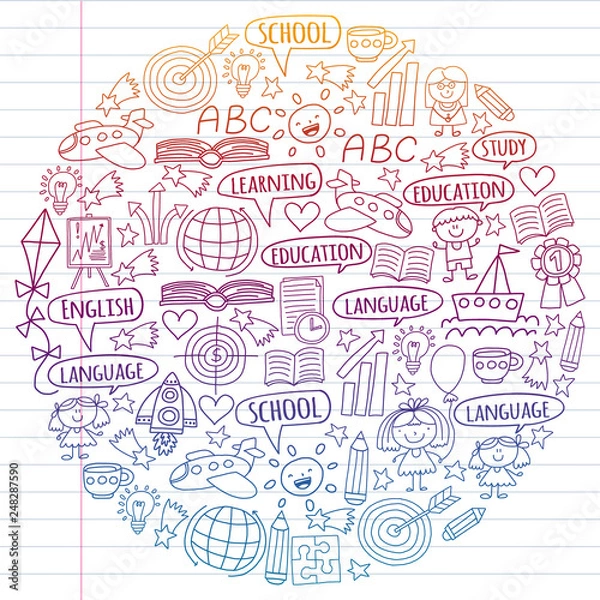 Fototapeta Vector set of learning English language, children's drawingicons in doodle style. Painted, colorful, gradient on a piece of linear paper on white background.